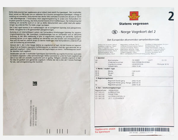 Norweski dowód rejestracyjny Vognkort Del 2 - materiał poglądowy