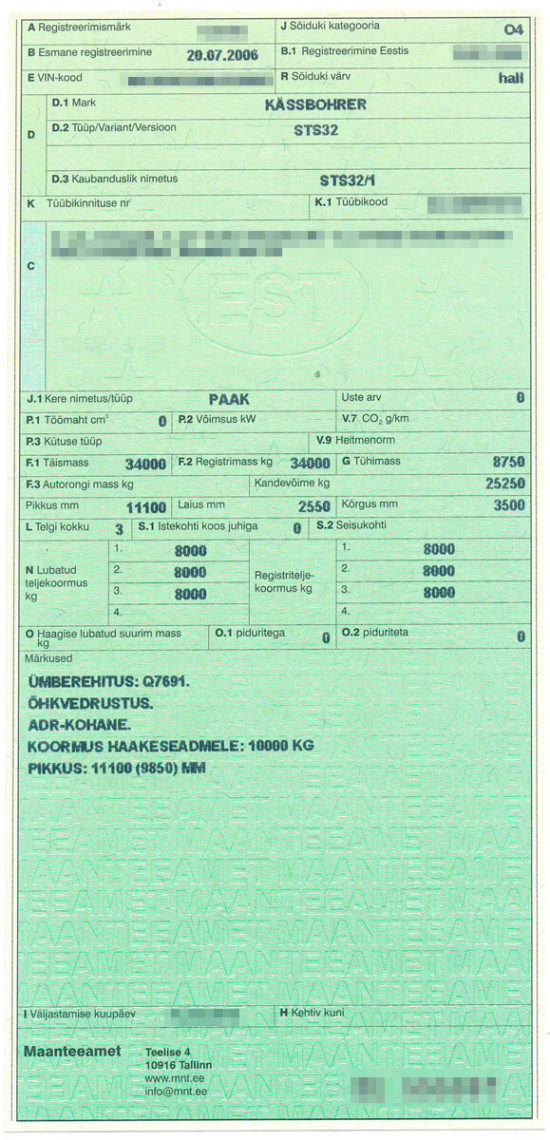 Estoński dowód rejestracyjny pojazdu - Sõiduki registreerimistunnistus