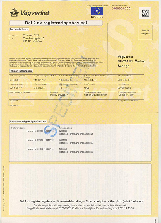 Szwedzki dowód rejestracyjny pojazdu Registreringsbevis Del 2