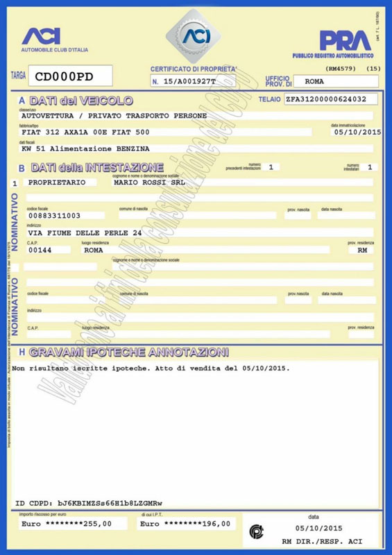 Włoski akt własności pojazdu Certificato di Proprietà - materiał poglądowy