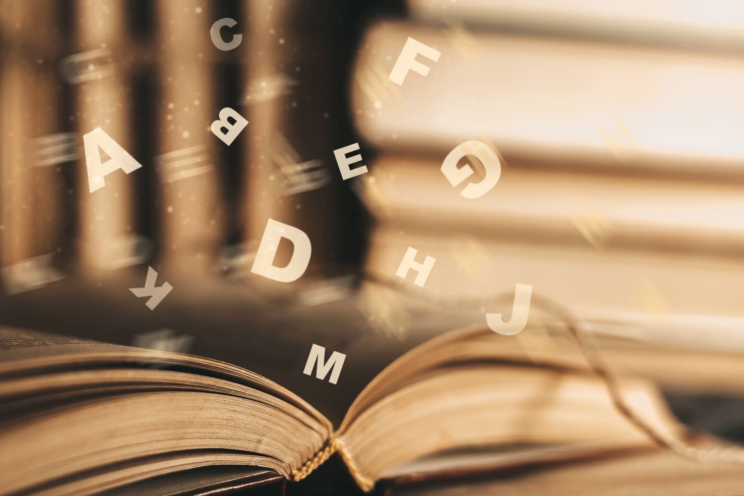 An open book with flying letters that symbolizes literature translations