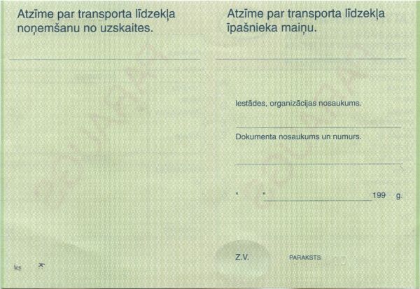 Łotewski dowód rejestracyjny pojazdu - rewers