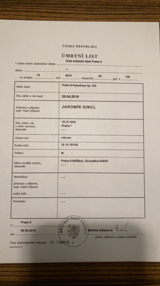 Czeski Akt Zgonu (tłumaczenie na polski)