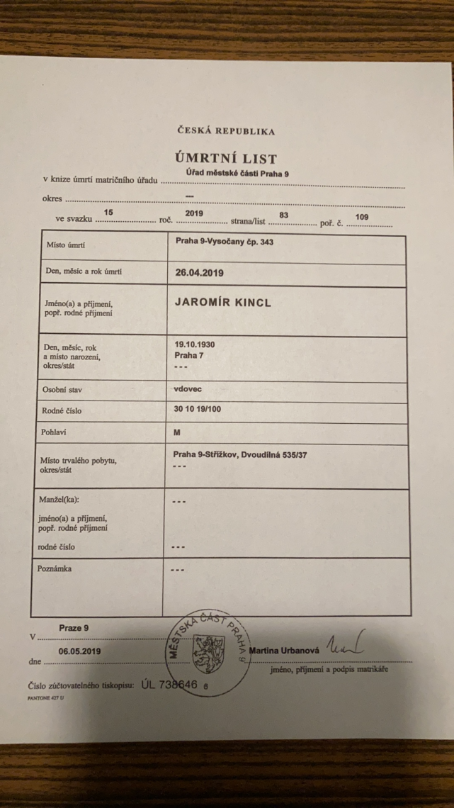 🇨🇿 Akt zgonu z Czech – tłumaczenie przysięgłe na język polski