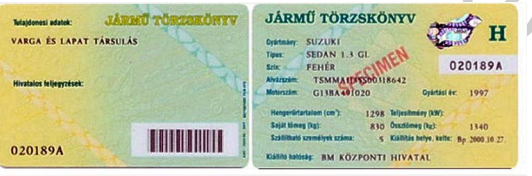 Węgierska karta pojazdu Törzskönyv - awers