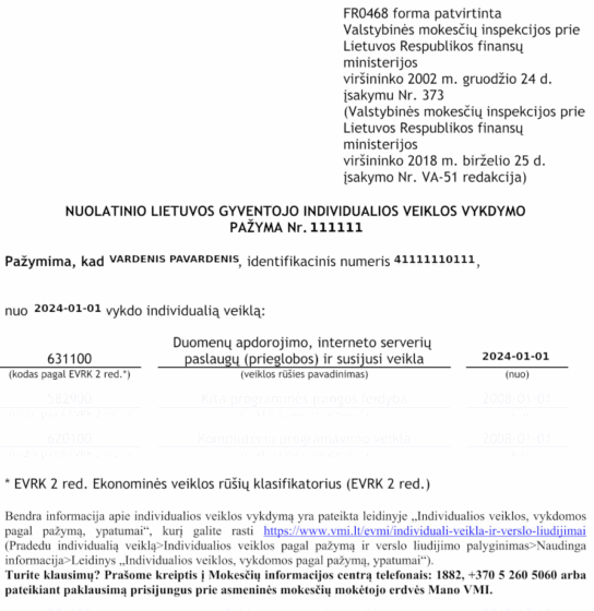 Litewski Wpis do ewidencji działalności gospodarczej (tłumaczenie na polski)