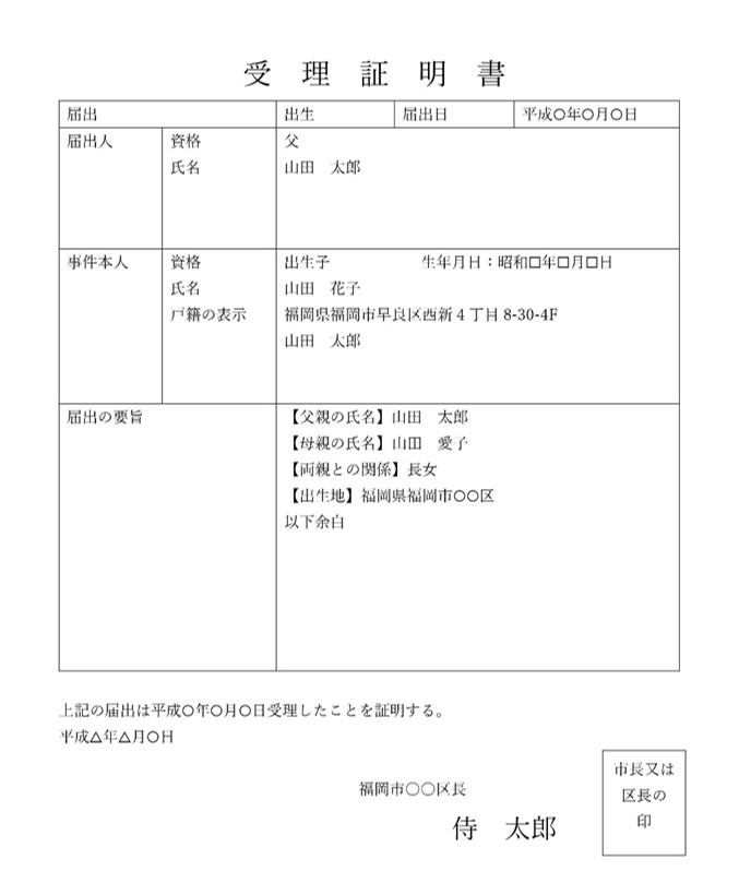 Japoński akt urodzenia, 出生届受理証明書