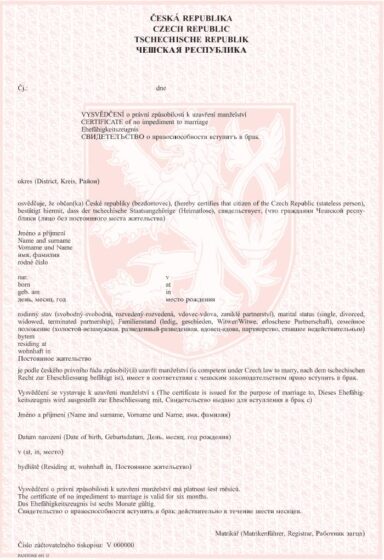 Tłumaczenie czeskiego zaświadczenia o braku okoliczności wyłączającej małżeństwo