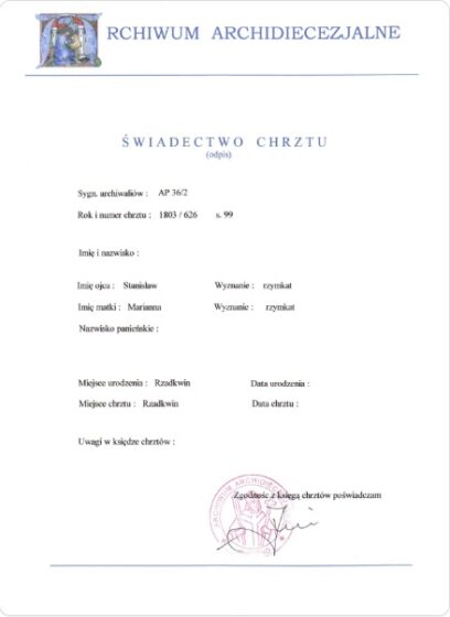 Tłumaczenie polskiego aktu chrztu