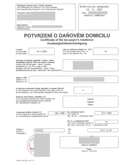 Tłumaczenie czeskiego certyfikatu rezydencji podatkowej