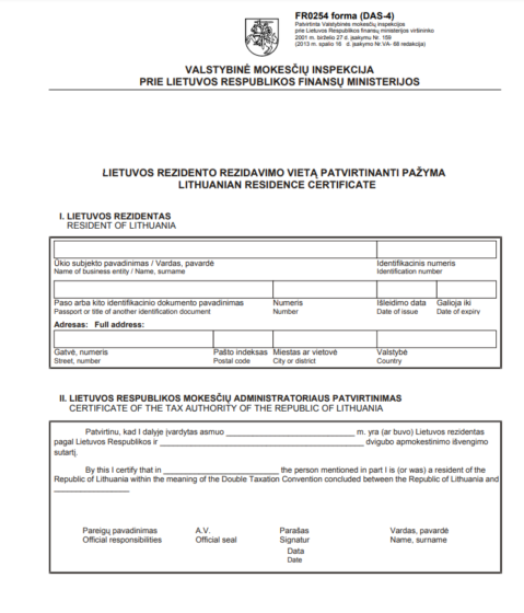 tłumaczenie litewskiego certyfikatu rezydencji podatkowej