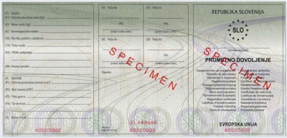 Słoweński dowód rejestracyjny pojazdu Prometno dovoljenje - awers