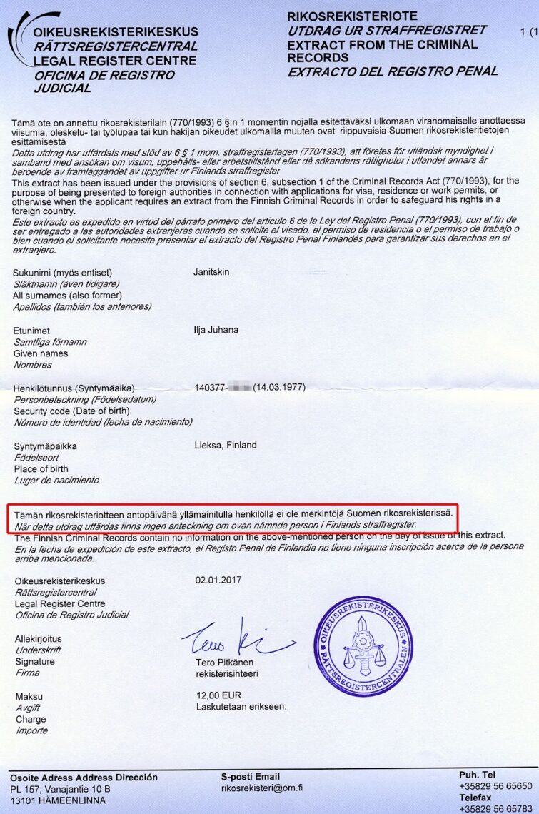 Tłumaczenie fińskiego zaświadczenia o niekaralnści