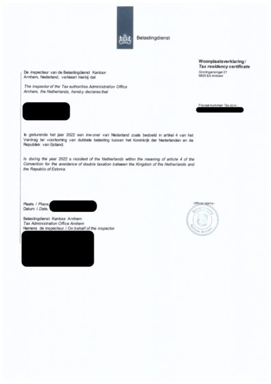 tłumaczenie holenderskiego / niderlandzkiego Certyfikatu Rezydencji Podatkowej