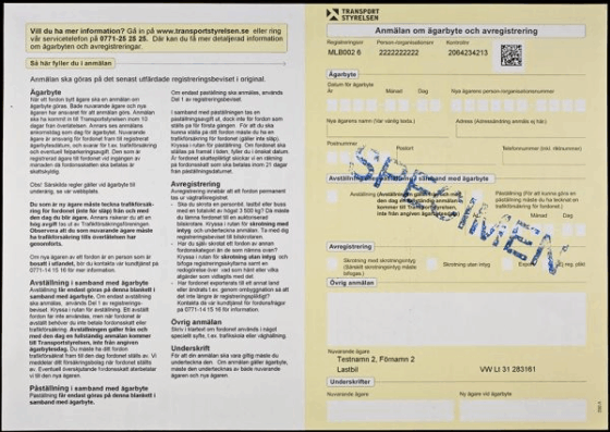 Szwedzkie dokumenty samochodowe, Fordonsdokument