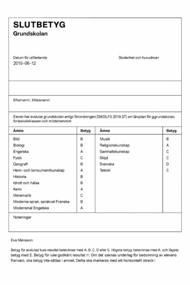 Szwedzkie świadectwo ukończenia szkoły podstawowewj, Slutbetyg från grundskolan