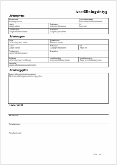 Szwedzkie świadectwo pracy, Anställningsintyg