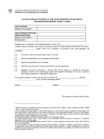 Słoweńskie zaświadczenie o braku okoliczności wyłączającej małżeństwo (Potrdilo o sposobnosti za sklenitev zakonske zveze) – tłumaczenie przysięgłe