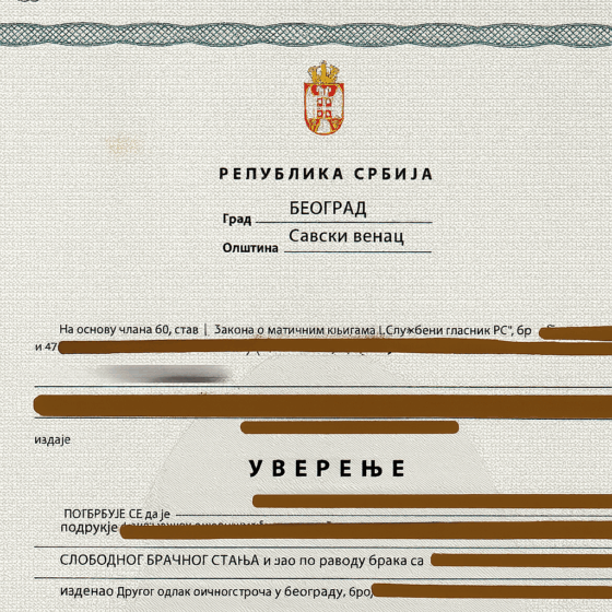 Serbskie Zaświadczenie o Braku Okoliczności Wyłączającej Małżeństwo (Uverenje o slobodnom bračnom stanju, Уверење о слободном брачном стањy) – tłumaczenie przysięgłe