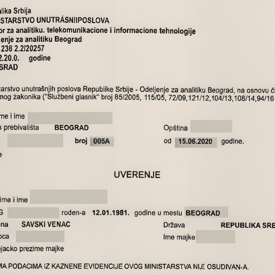 Serbskie Zaświadczenie o Niekaralności (Uverenje o nekažnjavanju, Уверење о некажњавању) – tłumaczenie przysięgłe