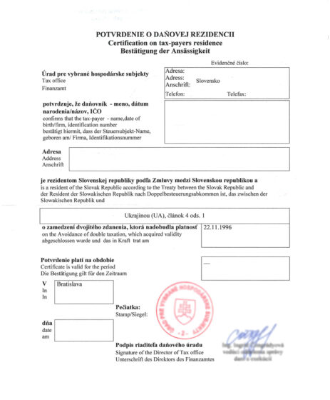 Słowacki certyfikat rezydencji podatkowej, Certifikát daňovej rezidencie