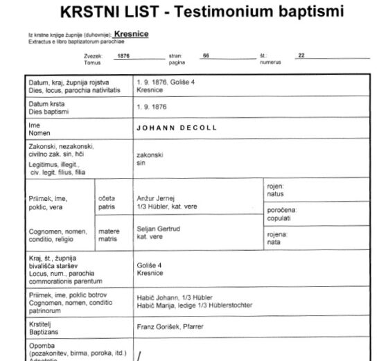 Słoweński akt chrztu (Krstni list) – tłumaczenie przysięgłe
