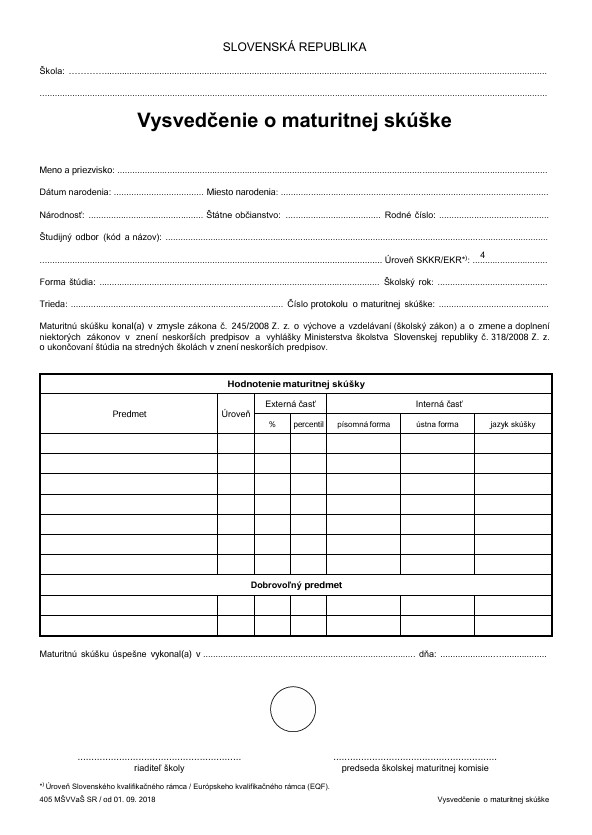Słowackie świadectwo maturalne, Maturitné vysvedčenie