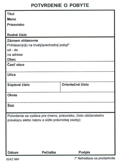 Słowackie zaświadczenie o miejscu zamieszkania, Potvrdenie o pobyte