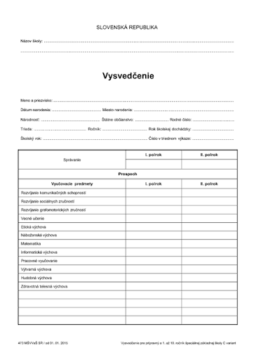 Słowackie świadectwo ukończenia szkoły podstawowej, Vysvedčenie o ukončení základnej školy