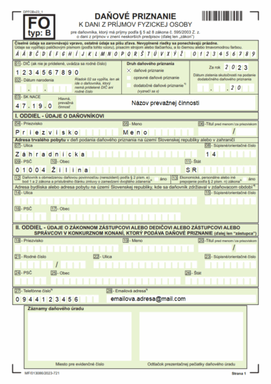 Słowackie rozliczenie podatkowe, Daňové priznanie