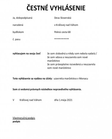 Słowackie zaświadczenie o stanie cywilnym, Potvrdenie o rodinnom stave