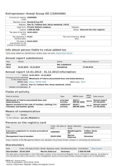 Estoński wyciąg z KRS, Äriregistri väljavõte