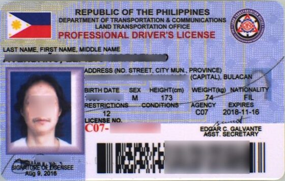 filipińskie prawo jazdy, które należy przetłumaczyć przysięgle przez angielskiego tłumacza przysięgłego, żeby uzyskać polskie prawo jazdy.