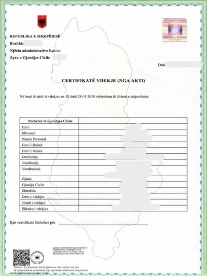 Albański Akt Zgonu (Çertifikatë Vdekje) - Tłumaczenie Przysięgłe