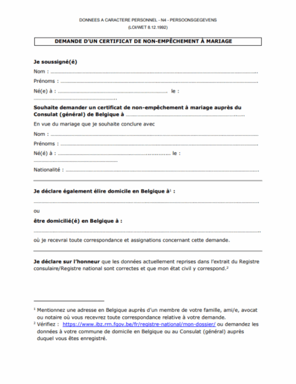 Zaświadczenie o Braku Przeciwwskazań do Małżeństwa (Certificat de non-empêchement à mariage/Getuigschrift van niet-verzet tegen het huwelijk) - tłumaczenie przysięgłe