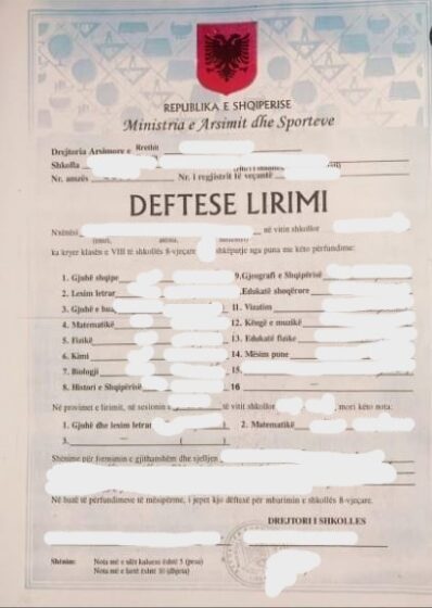 Albański Certyfikat Ukończenia Szkoły Średniej / Świadectwo Maturalne (Certifikatë Matura Shtetërore) - Tłumaczenie Przysięgłe